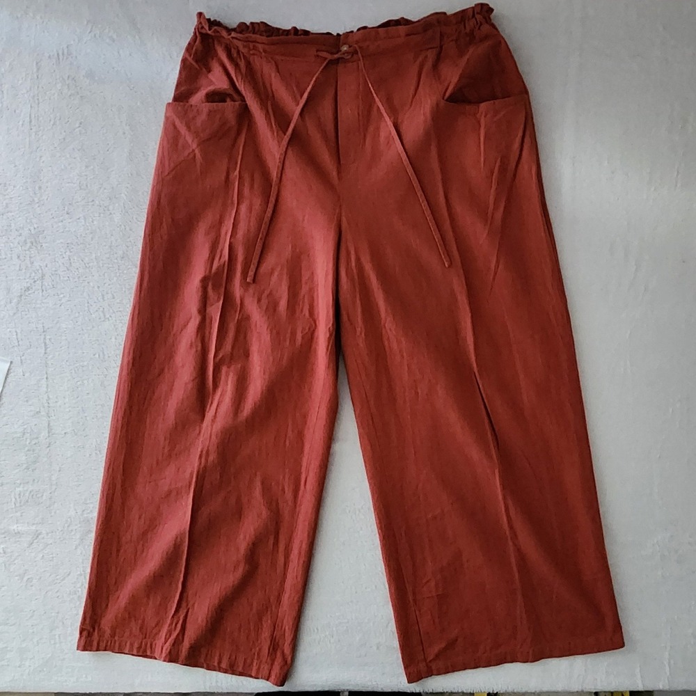 Wide Leg Pants Womens 3XL Rust Cotton Paperbag Waist Culottes Earthy Rustic Fall